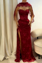 Pink A Line Sweetheart Neck Beaded Lace Prom Dress With Slit