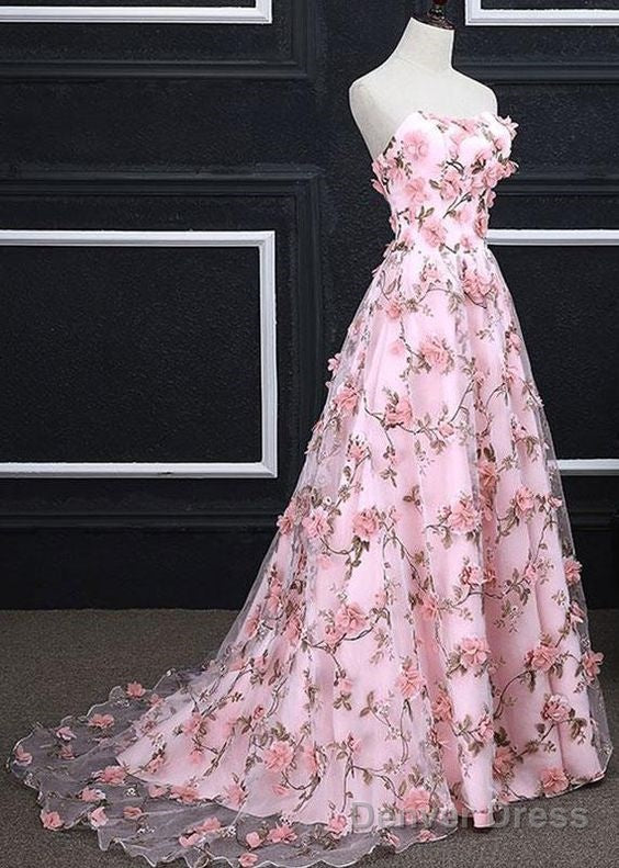 Pink A-Line Sweetheart Strapless Sweep Train Floral Print Long Lace Prom Dresses With Flowers Main image