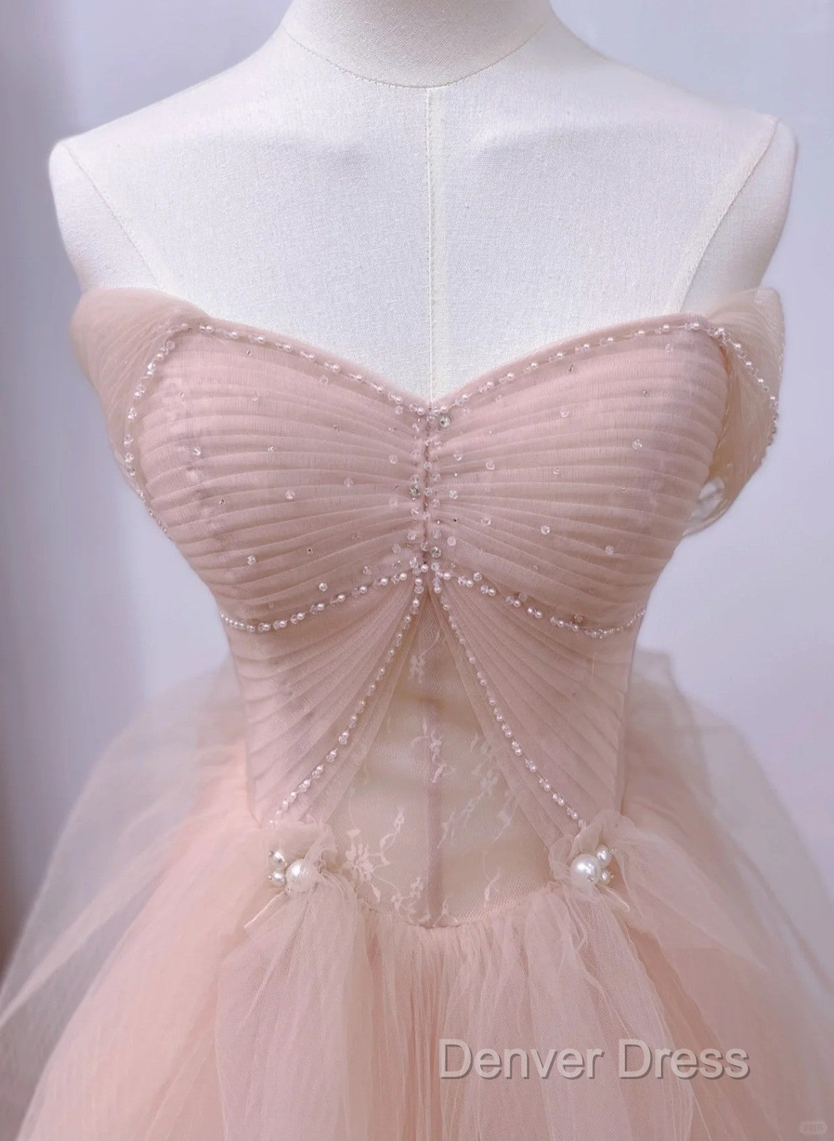 Pink A-Line Tulle Beaded Off Shoulder Long Party Dresses, Pink Tulle Prom Dresses Secondary image