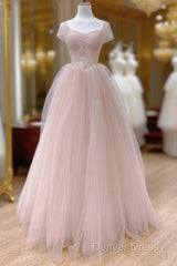 Pink A-Line Tulle Beaded Off Shoulder Long Party Dresses, Pink Tulle Prom Dresses