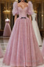 Pink A Line tulle lace long prom Dress, pink lace Prom Dresses