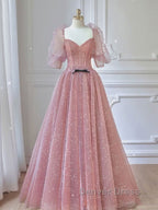 Pink A Line tulle lace long prom Dress, pink lace Prom Dresses