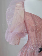 Pink A Line tulle lace long prom Dress, pink lace Prom Dresses