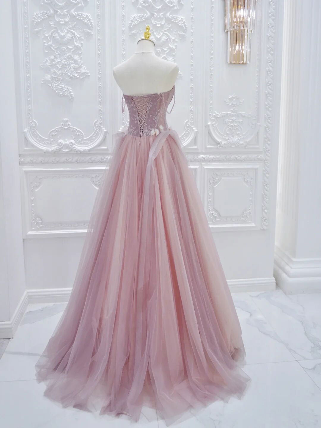 Pink A Line Tulle Lace Long Prom Dresses, Pink Tulle Formal Dresses Secondary image