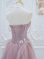 Pink A Line Tulle Lace Long Prom Dresses, Pink Tulle Formal Dresses