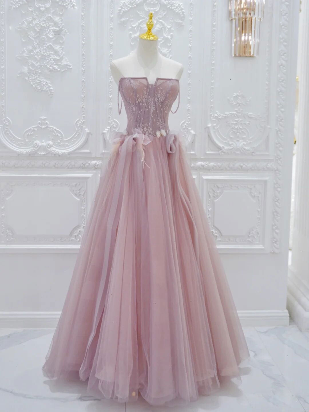 Pink A Line Tulle Lace Long Prom Dresses, Pink Tulle Formal Dresses