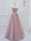 Pink A Line Tulle Lace Long Prom Dresses, Pink Tulle Formal Dresses