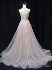 Pink A Line Tulle Lace Long Prom Dress Pink Tulle Long Evening Dress