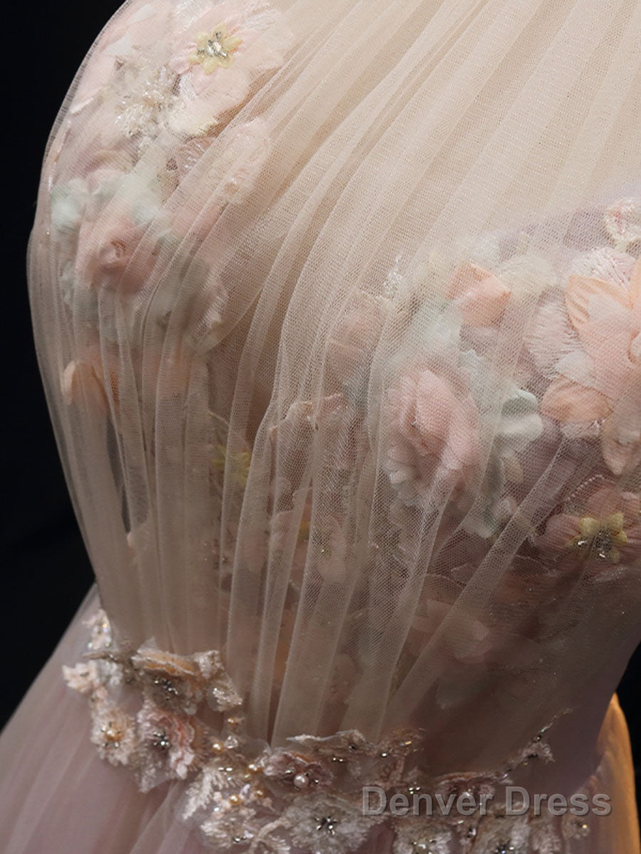 Pink A Line Tulle Lace Long Prom Dress Pink Tulle Long Evening Dress