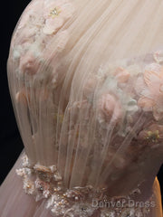 Pink A Line Tulle Lace Long Prom Dress Pink Tulle Long Evening Dress