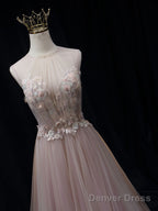Pink A Line Tulle Lace Long Prom Dress Pink Tulle Long Evening Dress