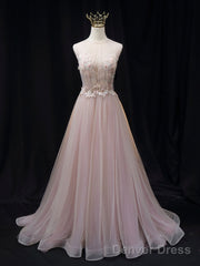 Pink A Line Tulle Lace Long Prom Dress Pink Tulle Long Evening Dress