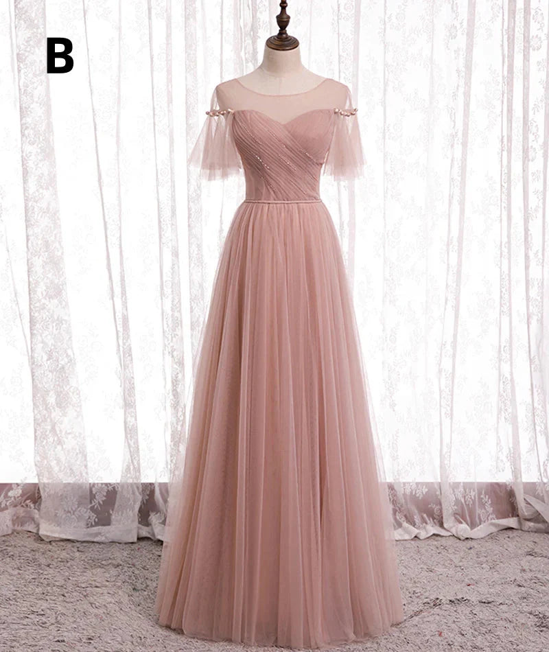 Pink Elegant A-Line Tulle Long Ball Gowns Prom Gowns Bridesmaid Dresses Secondary image