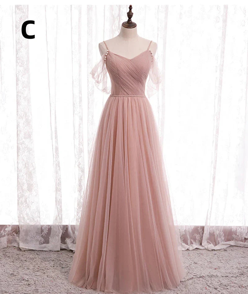Pink Elegant A-Line Tulle Long Ball Gowns Prom Gowns Bridesmaid Dresses