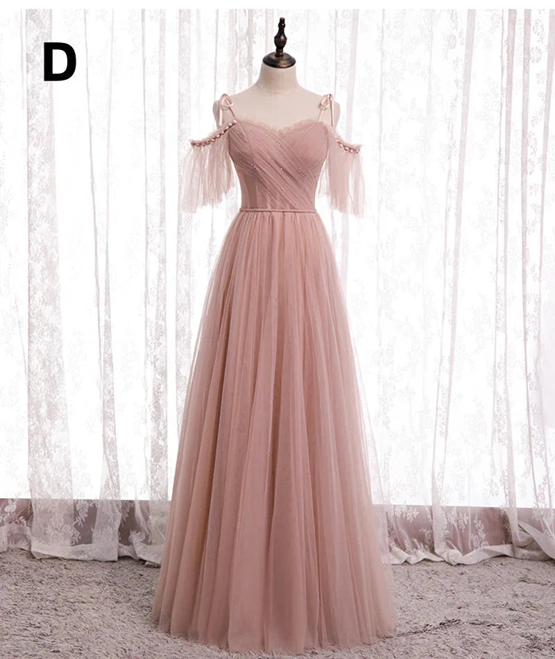 Pink Elegant A-Line Tulle Long Ball Gowns Prom Gowns Bridesmaid Dresses