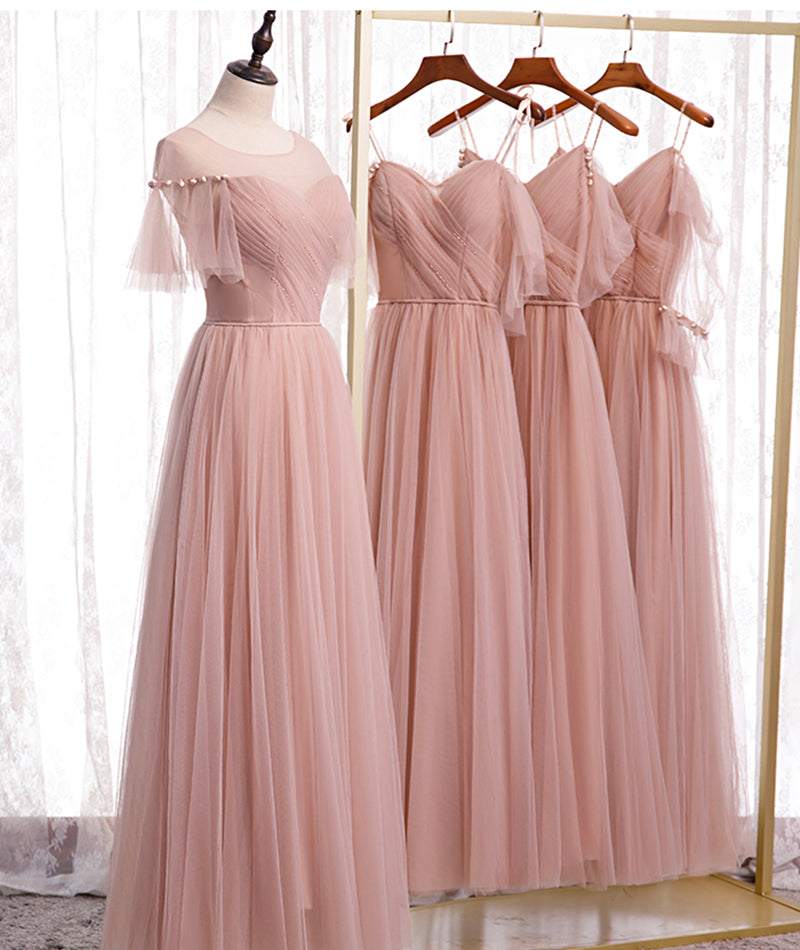 Pink Elegant A-Line Tulle Long Ball Gowns Prom Gowns Bridesmaid Dresses