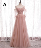 Pink Elegant A-Line Tulle Long Ball Gowns Prom Gowns Bridesmaid Dresses