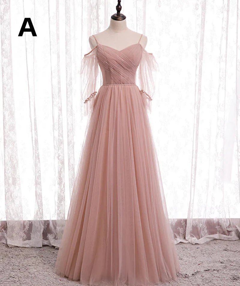 Pink Elegant A-Line Tulle Long Ball Gowns Prom Gowns Bridesmaid Dresses