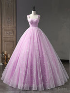 Pink A Line Tulle Long Prom Dress, Pink Prom Sweet 16 Dresses