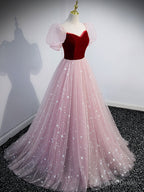 Pink A Line Tulle Long Prom Dress, Pink Tulle Prom Graduation Dresses