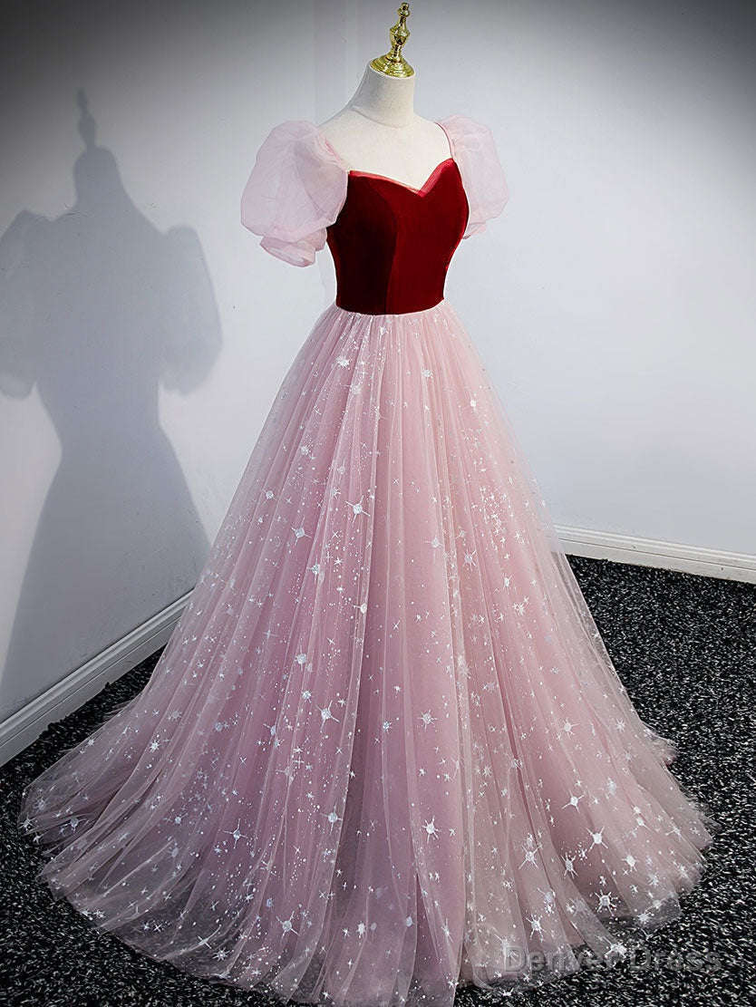 Pink A Line Tulle Long Prom Dress, Pink Tulle Prom Graduation Dresses