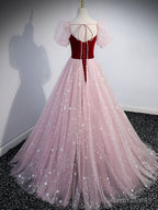 Pink A Line Tulle Long Prom Dress, Pink Tulle Prom Graduation Dresses