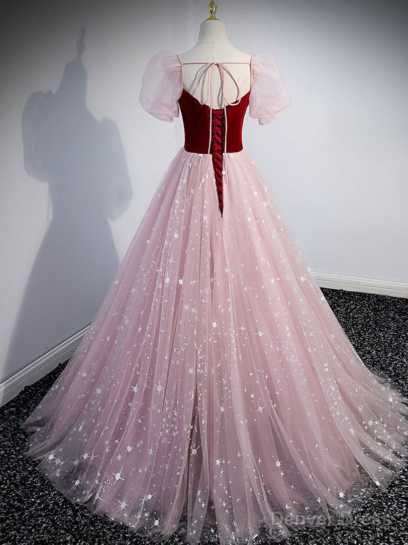 Pink A Line Tulle Long Prom Dress, Pink Tulle Prom Graduation Dresses