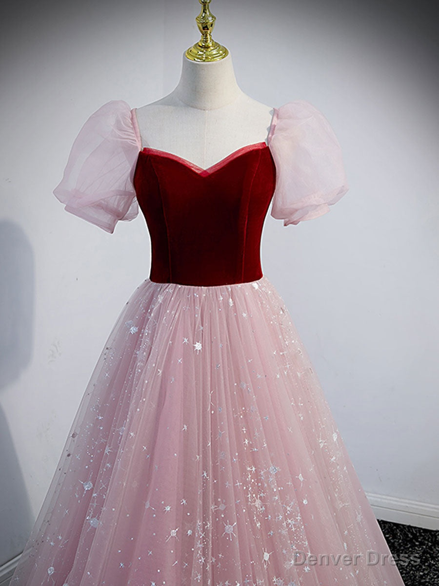 Pink A Line Tulle Long Prom Dress, Pink Tulle Prom Graduation Dresses