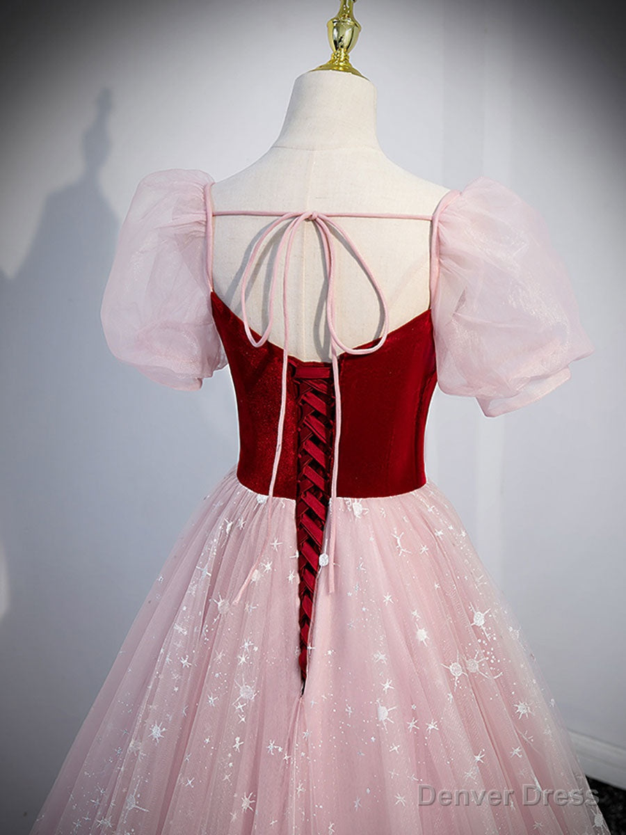 Pink A Line Tulle Long Prom Dress, Pink Tulle Prom Graduation Dresses