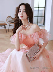 Pink A-Line Tulle Off Shoulder Beaded Prom Dress, Pink Tulle Evening Dress