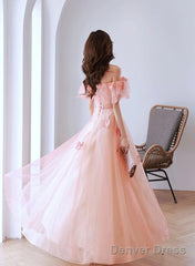 Pink A-Line Tulle Off Shoulder Beaded Prom Dress, Pink Tulle Evening Dress