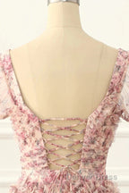 Pink A-Line Tulle Pleated Floral Long Prom Dresses Adult Ceremony Graduation Prom Dresses