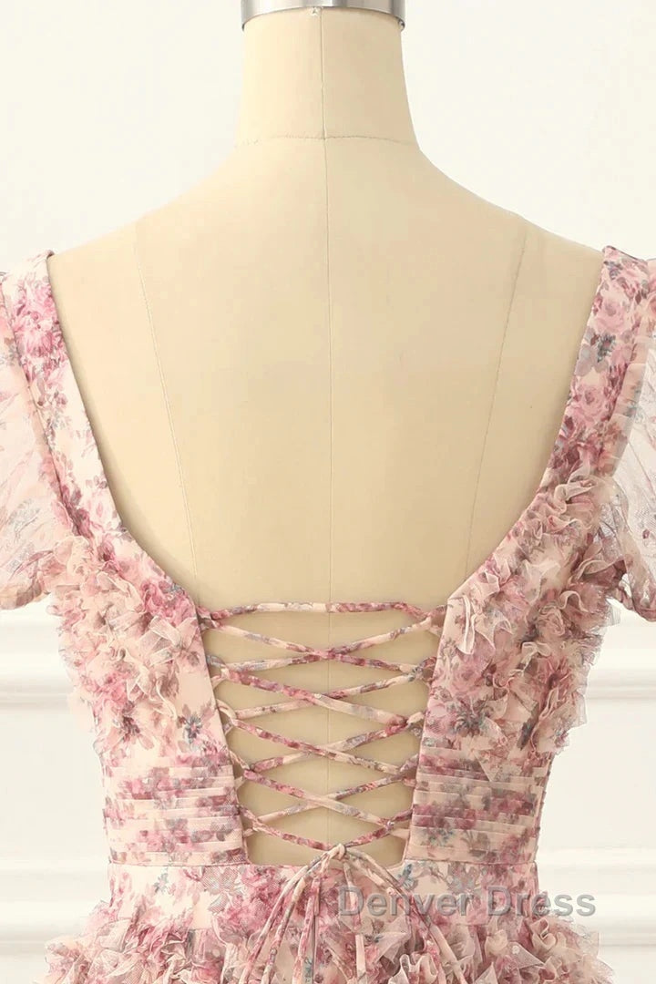 Pink A-Line Tulle Pleated Floral Long Prom Dresses Adult Ceremony Graduation Prom Dresses