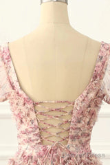 Pink A-Line Tulle Pleated Floral Long Prom Dress Adult Ceremony Graduation Prom Dress
