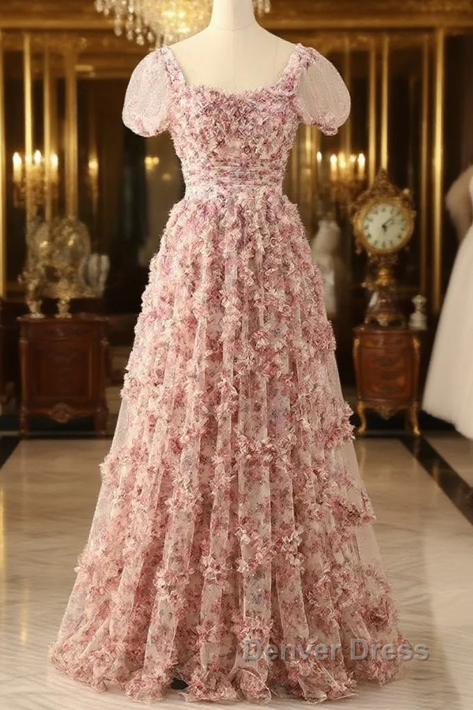 Pink A-Line Tulle Pleated Floral Long Prom Dresses Adult Ceremony Graduation Prom Dresses