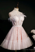 Pink A Line Tulle Short Prom Dress with Feather, Pink Strapless Prom Dresses