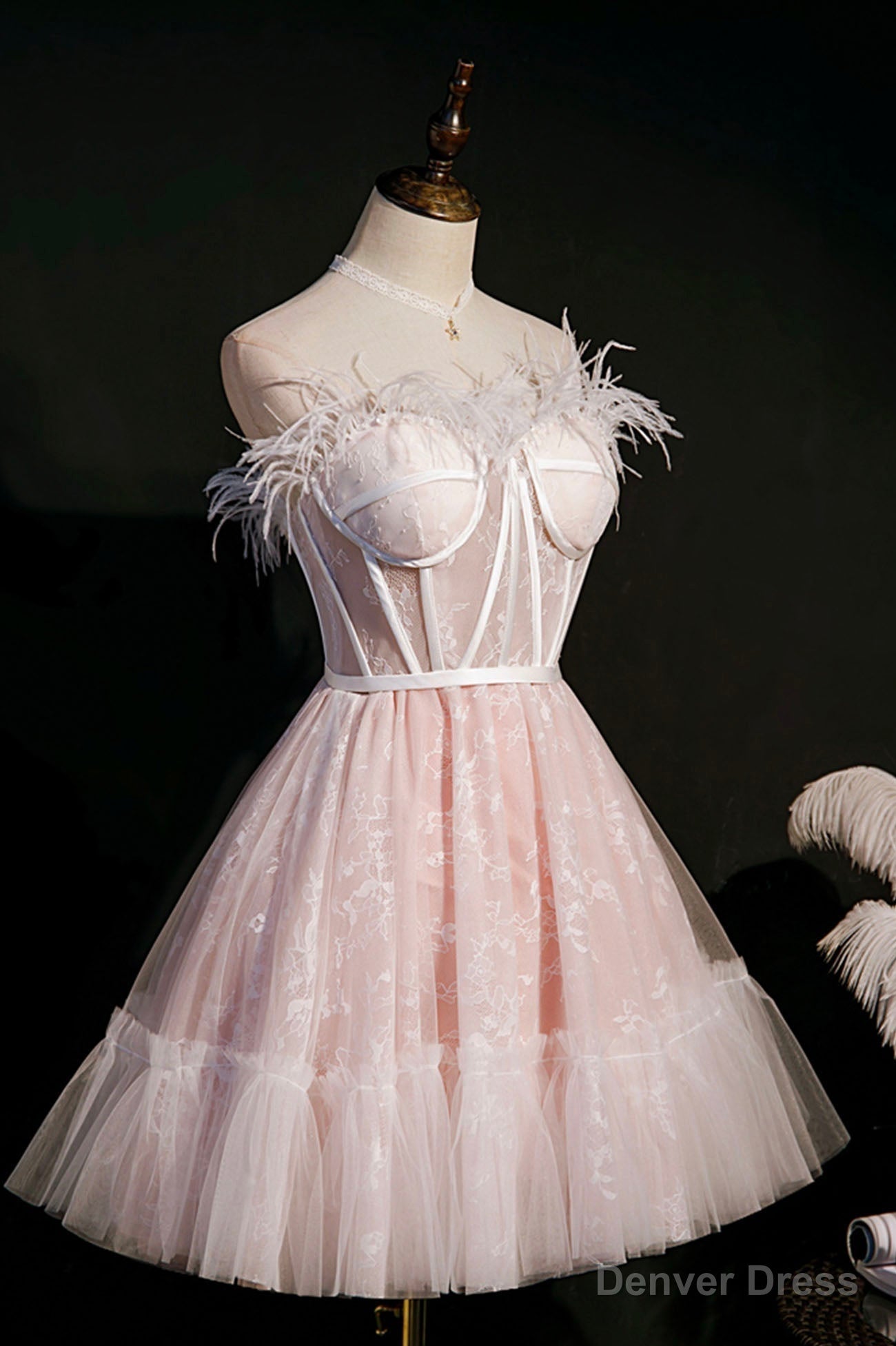 Pink A Line Tulle Short Prom Dress with Feather, Pink Strapless Prom Dresses