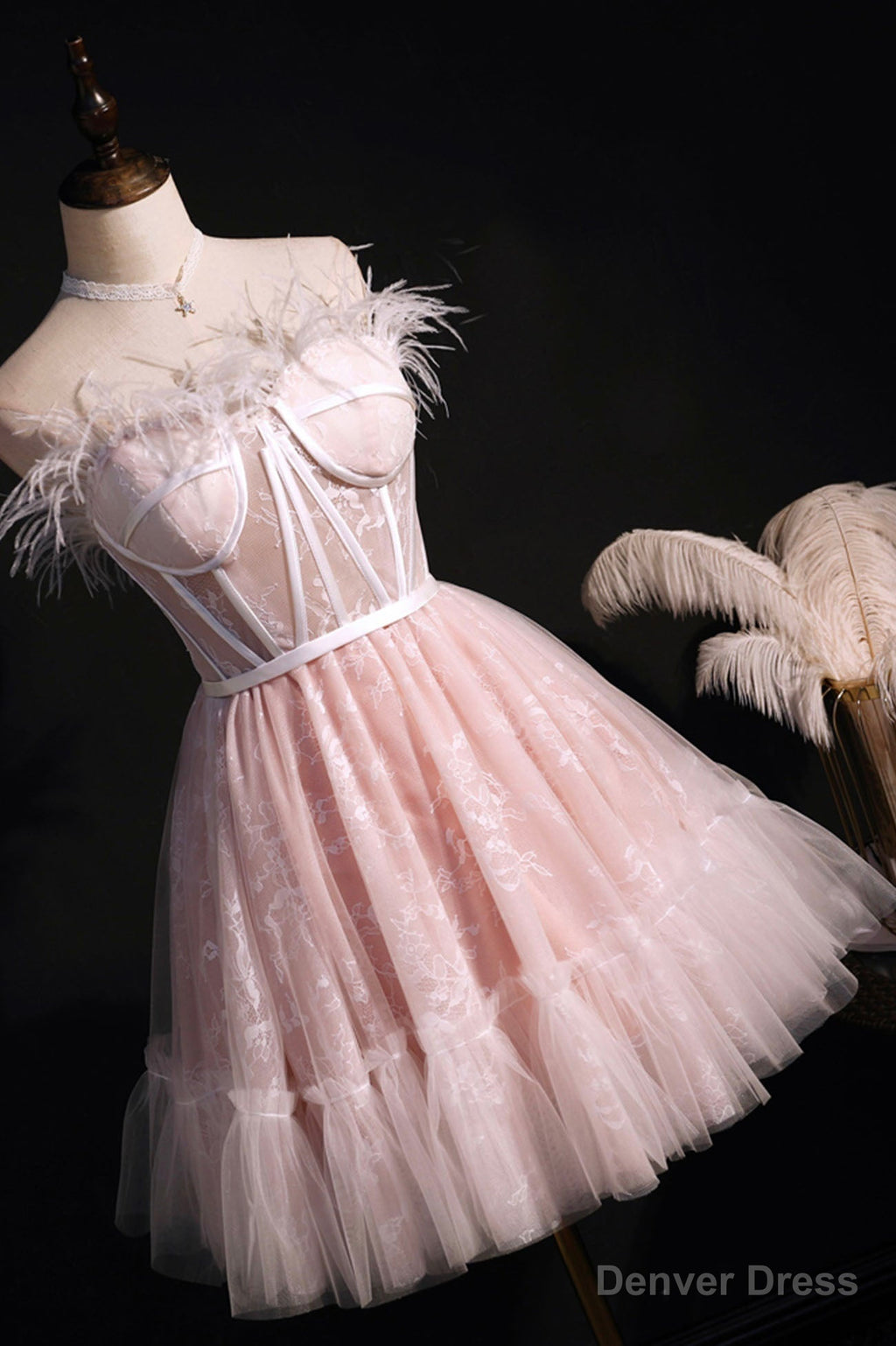 Pink A Line Tulle Short Prom Dress with Feather, Pink Strapless Prom Dresses