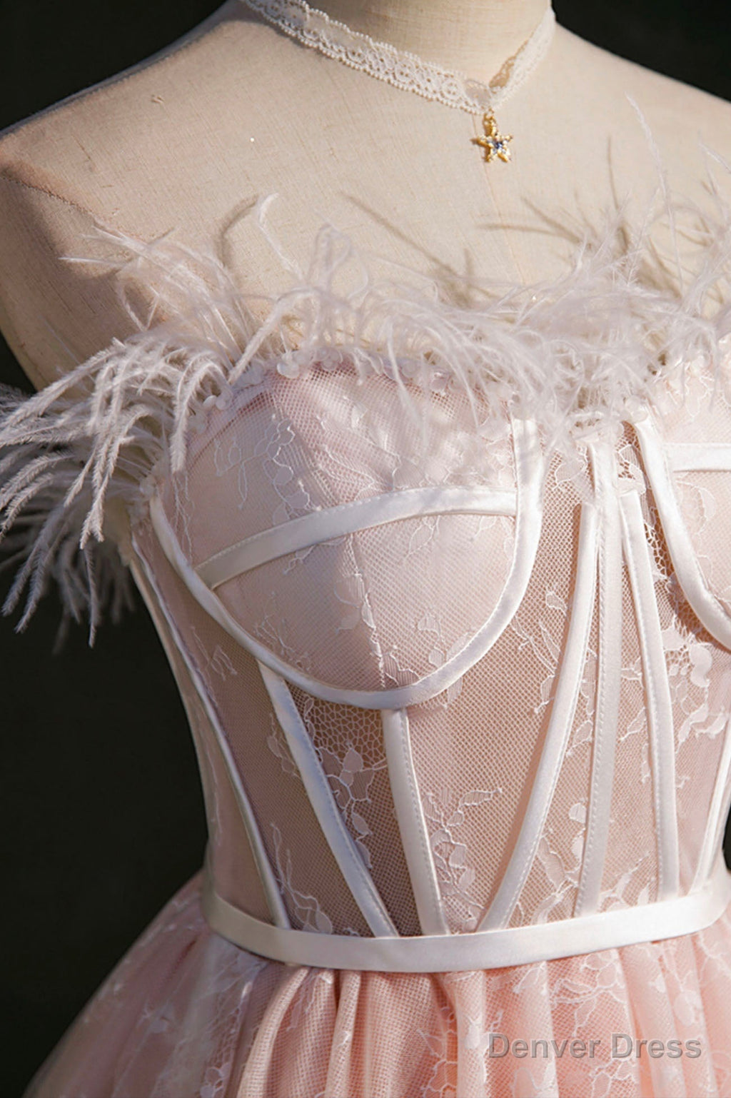 Pink A Line Tulle Short Prom Dress with Feather, Pink Strapless Prom Dresses