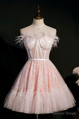 Pink A-Line Tulle Short Prom Dress with Feather, Pink Strapless Party Dress