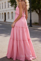 Pink A-line V Neck Sleeveless Floor-Length Chiffon Prom Dress Long Prom Dresses Backless with Pleated Ruffles