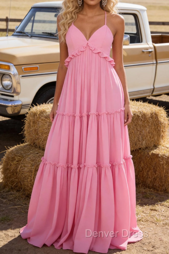 Pink A-line V Neck Sleeveless Floor-Length Chiffon Prom Dress Long Prom Dresses Backless with Pleated Ruffles Main image