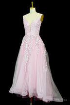 Pink A-line V Neck Spaghetti Straps Sweep Train Tulle Prom Dresses With Appliqued Beading