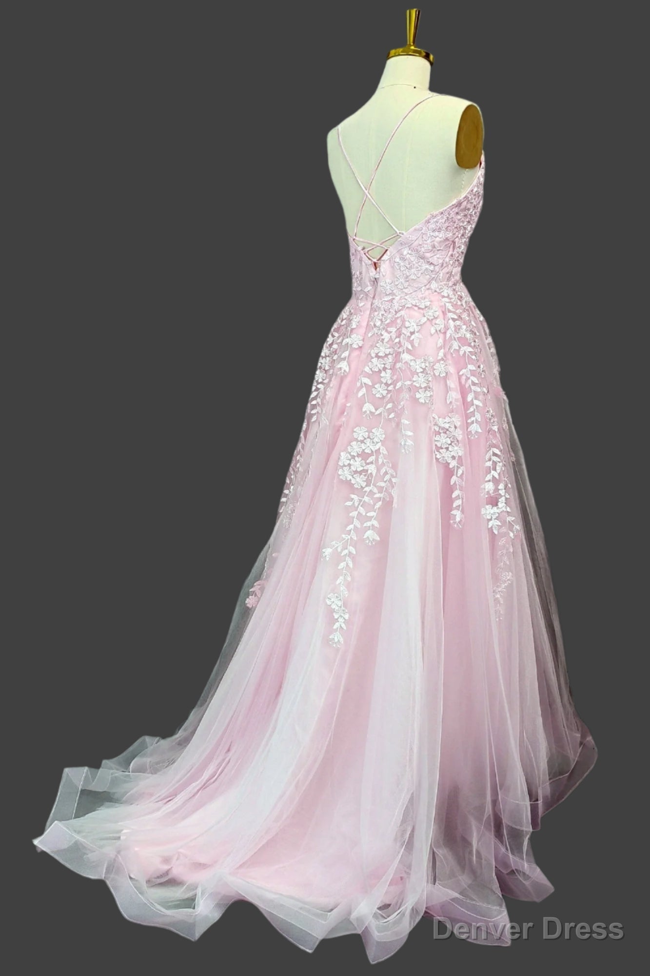 Pink A Line V Neck Spaghetti Straps Sweep Train Tulle Prom Dresses With Appliqued Beading