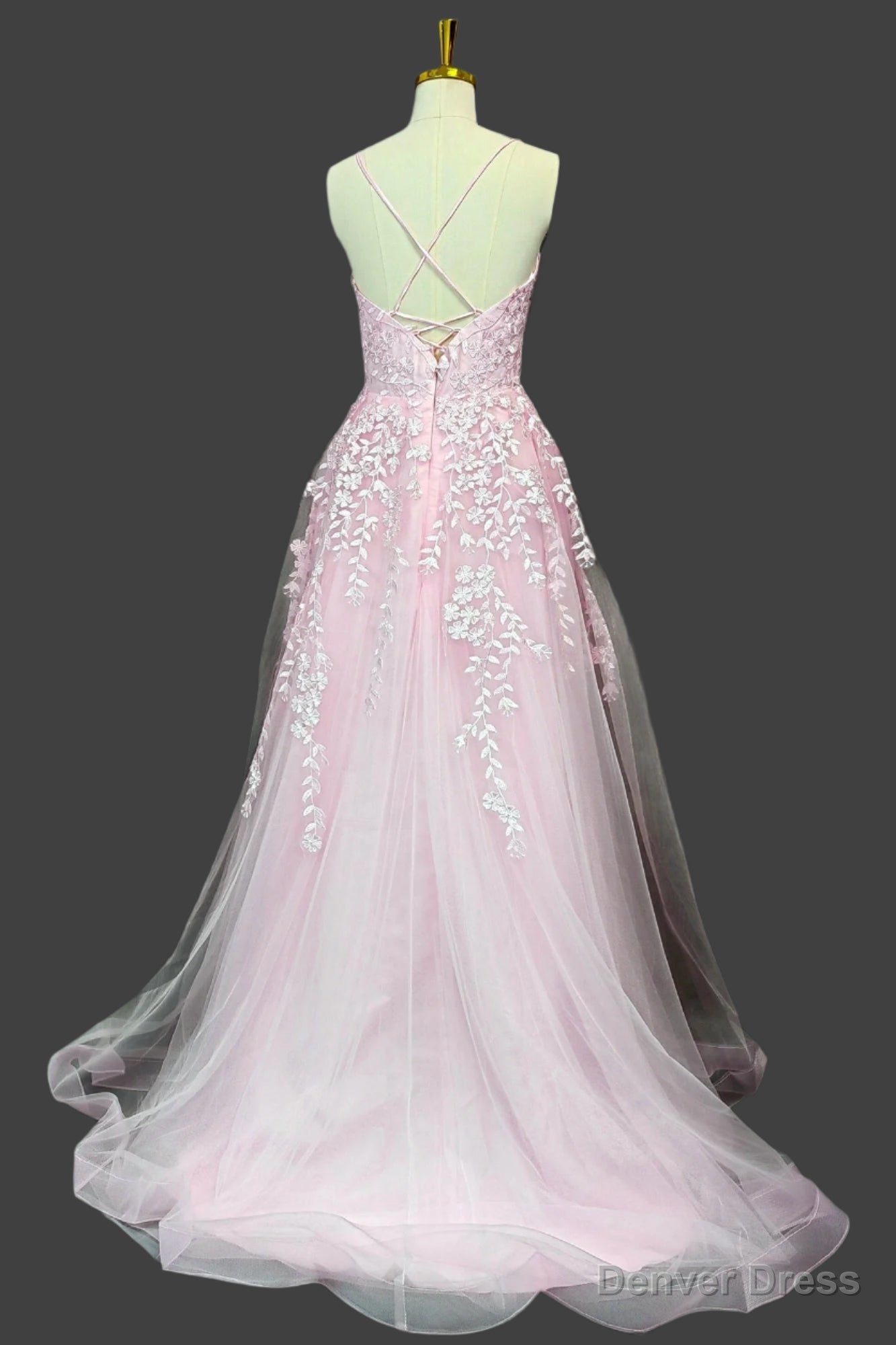 Pink A-line V Neck Spaghetti Straps Sweep Train Tulle Prom Dresses With Appliqued Beading