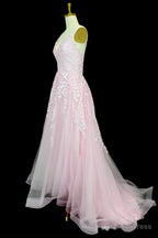 Pink A Line V Neck Spaghetti Straps Sweep Train Tulle Prom Dresses With Appliqued Beading