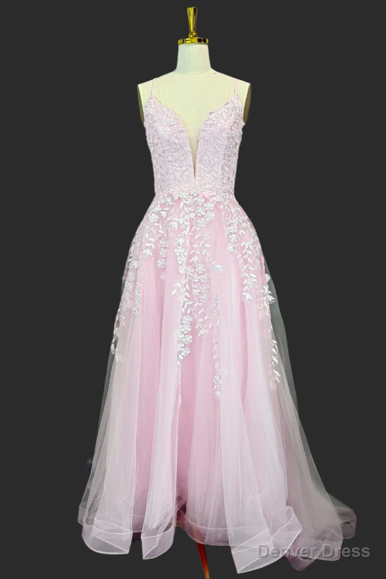Pink A Line V Neck Spaghetti Straps Sweep Train Tulle Prom Dresses With Appliqued Beading Main image