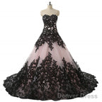 Pink And Black Applique Lace Quinceanera Ball Prom Dresses
