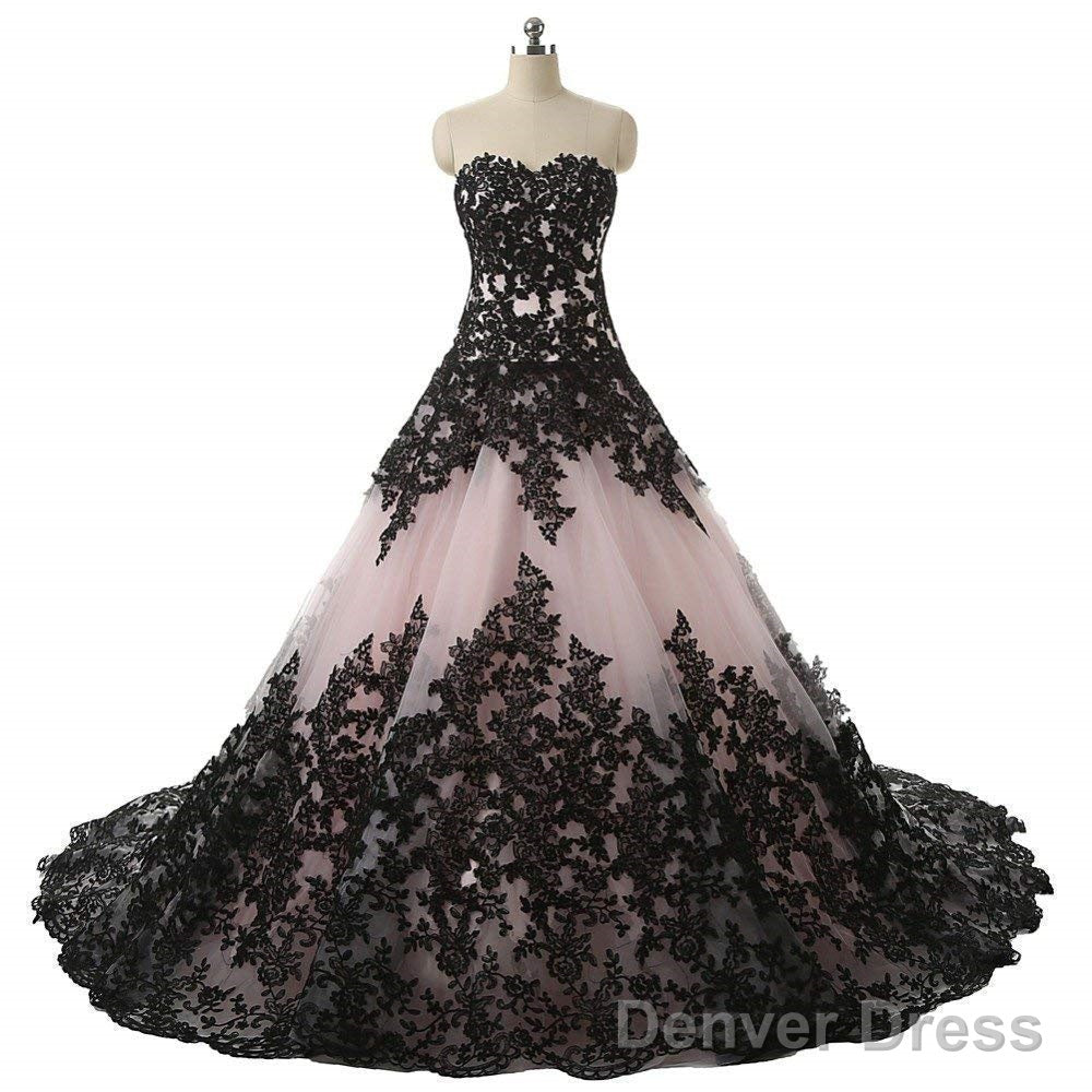 Pink And Black Applique Lace Quinceanera Ball Prom Dresses