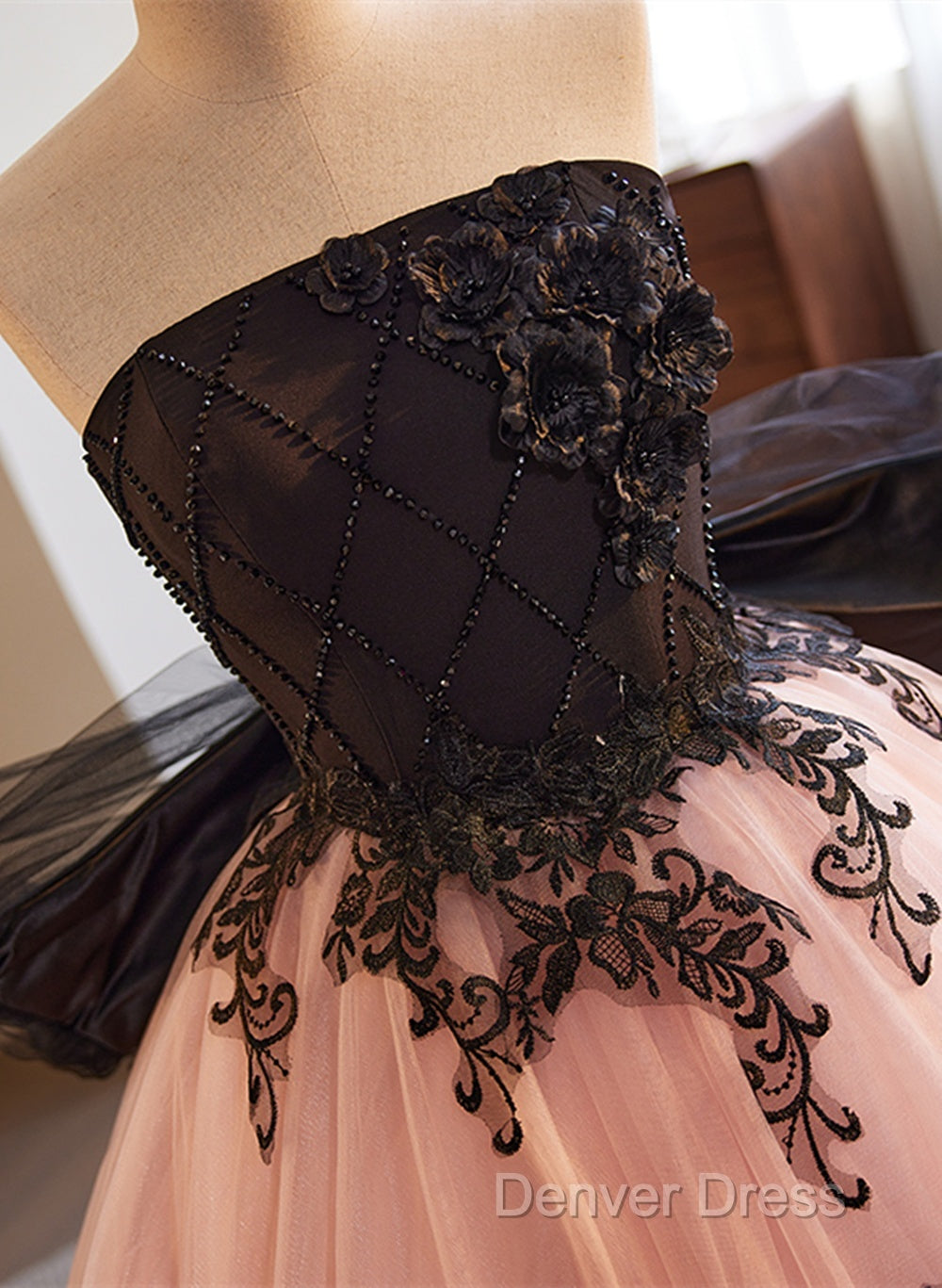 Pink And Black Lace Tulle Ball Gown Sweet 16 Dresses, Pink And Black Long Formal Dresses Secondary image